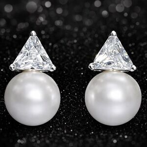 Trilliant Cut Trillion Cz Diamond Pearl Dangle Drop Stud statement Earrings HSN